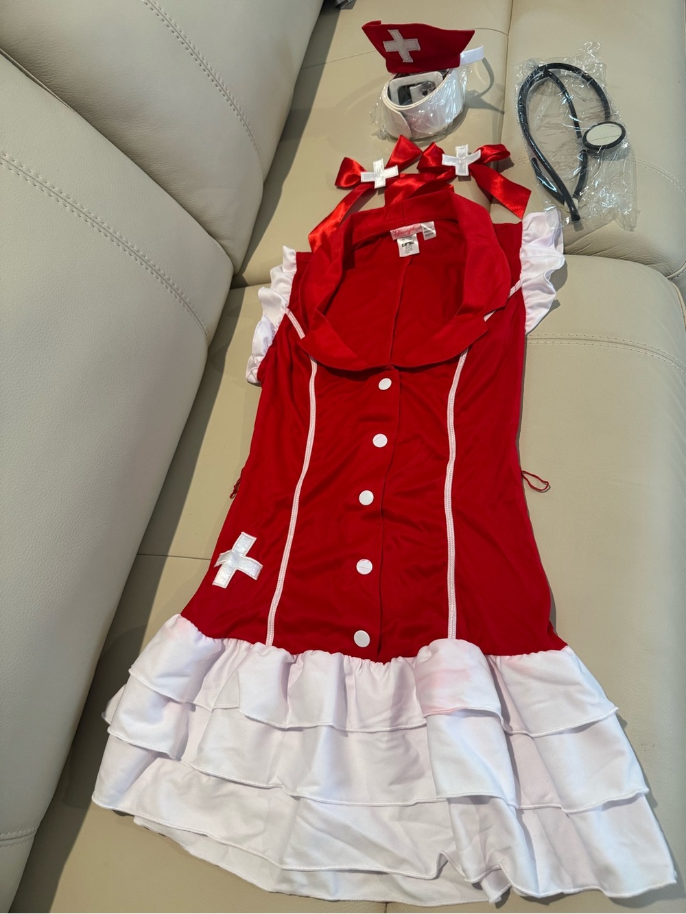 Dreamgirl Red and White Nurse Costume with Headpiece and Stethoscope